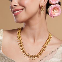 Rubans 22K Gold-Plated Ruby &Emerald-Studded Temple Necklace Set with Pearl Beaded Drops-5