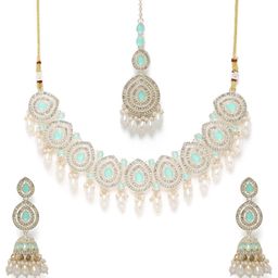 Peora Gold Plated Mint Faux Ruby CZ & Beads Studded Necklace Set-image-47
