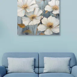 OLIVE TREE White & Gold-Toned Flowers Canvas Framed Painting Wall Art-image-5