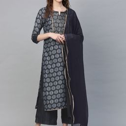 Biba Women Navy Blue & Off-White Printed Kurta with Palazzos & Dupatta-12
