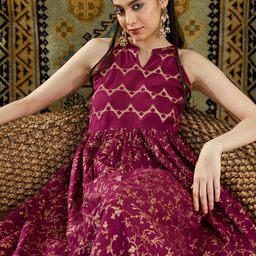 Sangria Women Purple & Golden Ethnic Motifs Printed Panelled Kurta with Trousers-image-7