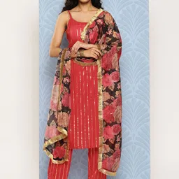 Varanga Striped Regular Pure Cotton Kurta with Trousers & With Dupatta-24
