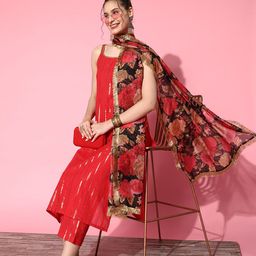 Varanga Women Red & Gold-Toned Striped Kurta-picture-16