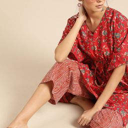 Varanga Women Red & Teal Green Pure Cotton Printed Tunic with Palazzos-image-57