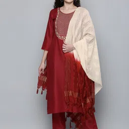 Kvsfab Women Maroon Embroidered Mirror Work Kurta with Trousers & Dupatta-7