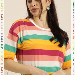 Moda Rapido Women Oversized Multicoloured Candy Stripes Drop-Shoulder Sleeves T-shirt-image-28