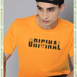 HERE&NOW Men Mustard Yellow & Black Typography Printed Pure Cotton T-shirt-image-24