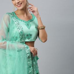 flaher Sea Green Embroidered Beads and Stones Semi-Stitched Lehenga & Unstitched Blouse With Dupatta-image-21