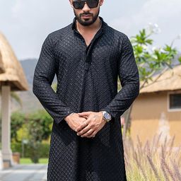 FoxDX Floral Embroidered Sequinned Mandarin Collar Straight Kurta-image-98
