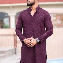 FoxDX Floral Embroidered Sequinned Mandarin Collar Straight Kurta-image-59