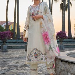 Indo Era Floral Embroidered Round Neck Pure Cotton Straight Kurta with Trousers & Dupatta-image-74