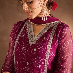 Indo Era Bandhani Printed V-Neck Zari Silk Chiffon Straight Kurta With Trousers & Dupatta-image-53