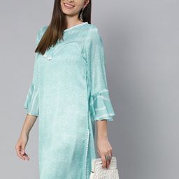 Global Desi Women Blue & White Printed Bell Sleeves Straight Kurta-image-74
