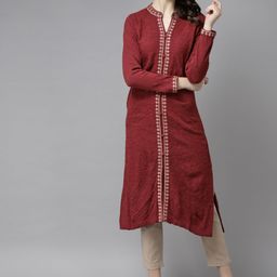 Cayman Women Maroon Geometric Woven Design Woollen Straight Winter Kurta-9