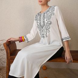 Indo Era Floral Embroidered Notch Neck Thread Work Straight Kurta-picture-53