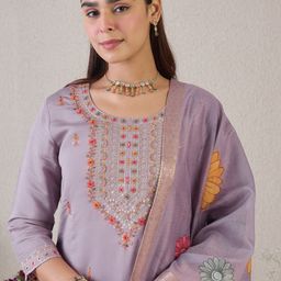Indo Era Floral Embroidered Round Neck Thread Work Straight Kurta & Trousers & Dupatta-picture-35