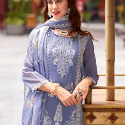 Indo Era Floral Embroidered Round Neck Thread Work Straight Kurta With Trousers & Dupatta-55