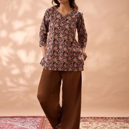 Globus Women Brown Solid High Rise Lace Detail Hem Straight Fit Wide Leg Ethnic Pants-picture-47