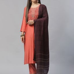 SheWill Women Peach Ethnic Motifs Yoke Design Sequinned Kurta with Trousers & Dupatta-28