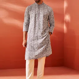 VASTRAMAY Floral Embroidered Thread Work Georgette Straight Kurta With Pyjama-image-54