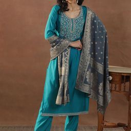 Libas Blue Floral Yoke Design Scoop Neck Sequinned Straight Kurta With Trousers & Dupatta-picture-26