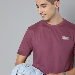 HERE&NOW Men Mauve Pure Cotton T-shirt-18