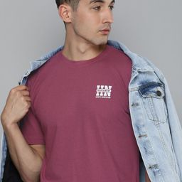 HERE&NOW Men Maroon Pure Cotton Round Neck T-shirt-image-93