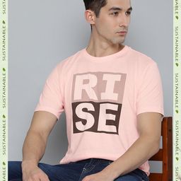 HERE&NOW Men Pink & Black Typography Printed Pure Cotton T-shirt-image-80