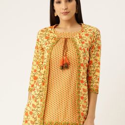 FABRIC FITOOR Women Mustard Yellow & Orange Printed Pure Cotton Top with Ethnic Jacket-picture-12