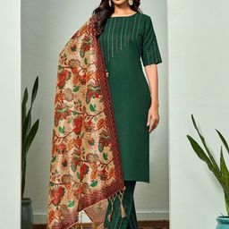 Sangria Round Neck Thread Work Straight Kurta With Trouser & Dupatta-35