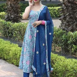 KALINI Floral Printed Regular Sequinned Kurta with Trouser & Dupatta image 5