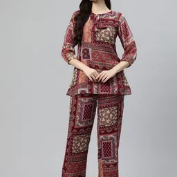 Cottinfab Women Printed Tie-Up Neck Top with Trousers-picture-36