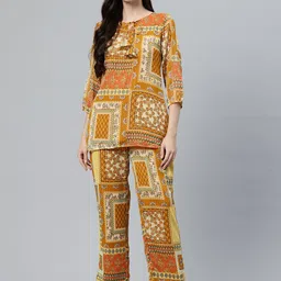 Cottinfab Women Printed Tie-Up Neck Top with Trousers-picture-30