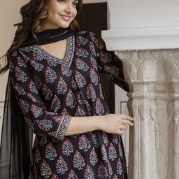 Anouk Floral Printed Pure Cotton A-Line Kurta With Trousers & Dupatta-1