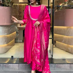 GoSriKi Mirror Work Round Neck Straight Kurta With Trousers And Dupatta-21