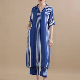 BLACK & BLAH BLAH Women Relaxed Fit Stripes Printed Liva Kurta Set-image-80