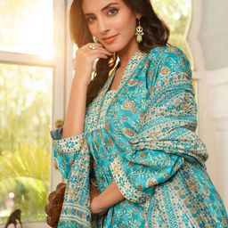 KALINI Women Floral Printed Thread Work Kurta with Trousers & Dupatta-image-12