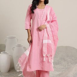 Libas Women Striped Regular Thread Work Kurta with Trousers & With Dupatta-29