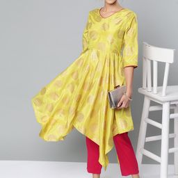 STREET 9 Women Lime Green & Pink Printed Kurta with Trousers-14