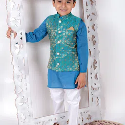 Superminis Boys Band Collar Pure Cotton Kurta with Trousers With Woven Design Nehru Jacket-image-93