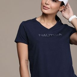 Nautica Women Navy Blue & White Pure Cotton Printed V-Neck T-shirt-image-35