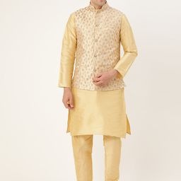 SOJANYA Men Golden Solid Kurta with Churidar & Nehru Jacket-49