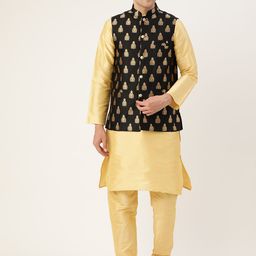 SOJANYA Men Golden & Black Solid Kurta with Churidar & Nehru Jacket-picture-52