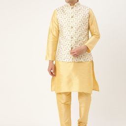 SOJANYA Men Yellow & Off-White Self-Design Kurta with Churidar with Nehru Jacket-picture-23
