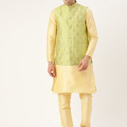 SOJANYA Men Golden & Green Solid Kurta with Churidar & Nehru Jacket-picture-22