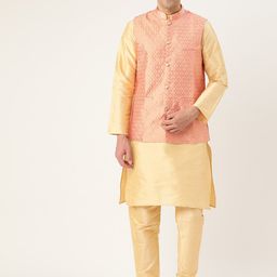 SOJANYA Men Golden & Peach-Coloured Solid Kurta with Churidar & Nehru Jacket-4