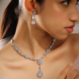 Rubans Rhodium-Plated Silver Tone AAA Cubic Zirconia Studed Luxe Statement Necklace Set-29