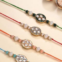 KARATCART Set Of 4 Floral Design Enamel Kundan Thread Rakhi for Brother with Roli & Chawal-image-48