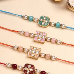 KARATCART Set Of 4 Floral Design Enamel Kundan Thread Rakhi for Brother with Roli & Chawal-image-40