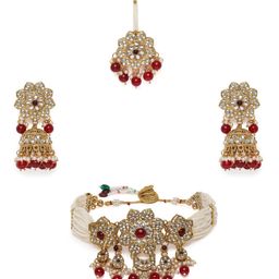 Peora Gold Plated Kundan & Maroon Beads Studded Necklace Set-image-24